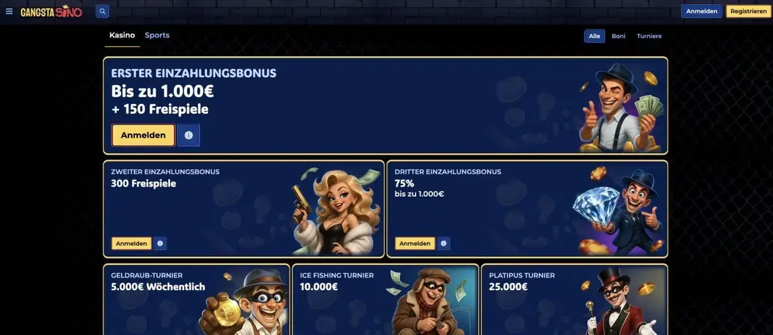 Panoramica dei bonus di deposito GangstaSino con tre box bonus: 1.000€ più 150 free spins, 300 free spins e bonus del 75%
