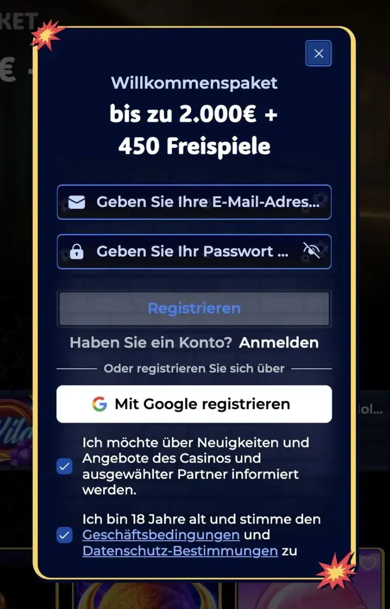 Modulo di registrazione Gangstasino con campo e-mail, inserimento password e casella di conferma dell'età di 18 anni