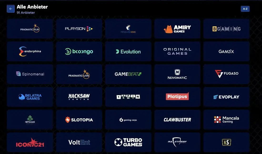 Panoramica dei fornitori Gangstasino con 91 studi di gioco come Pragmatic Play, Evolution e Novomatic in griglia