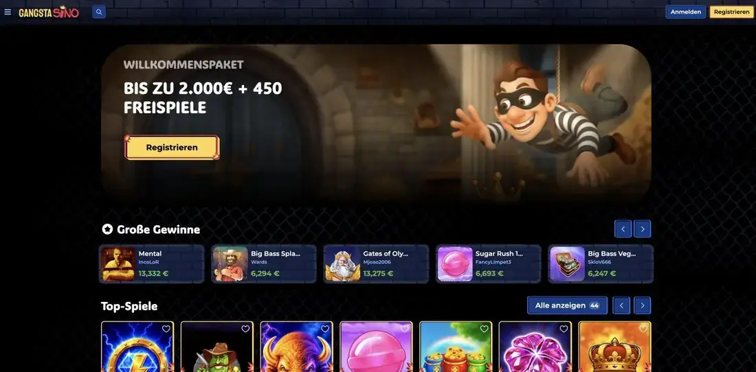 Gangstasino Casino pagina ufficiale con banner del pacchetto di benvenuto fino a 2.000€ più 450 free spins e panoramica dei migliori giochi