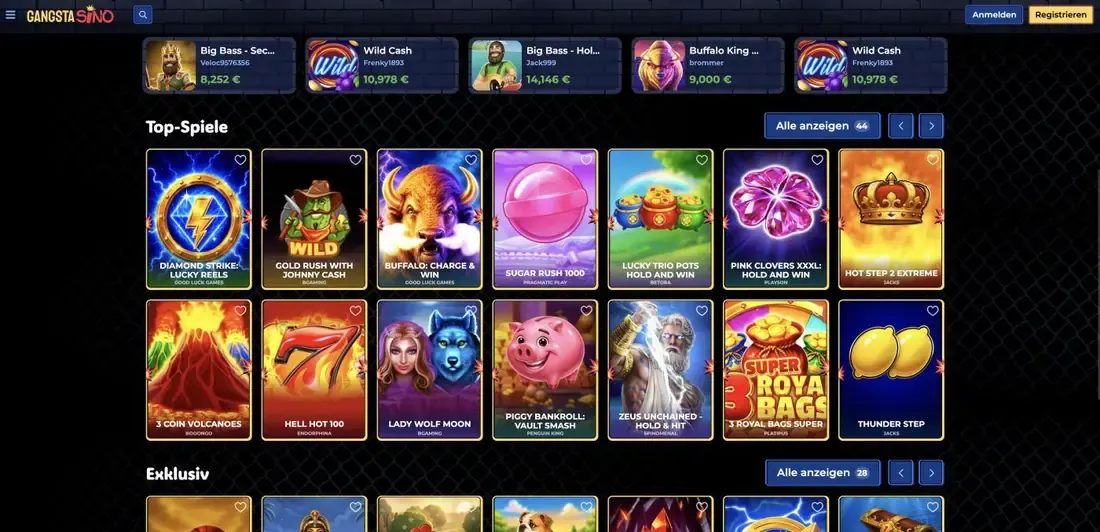 Lobby dei migliori giochi Gangstasino con riquadri di slot come Diamond Strike, Sugar Rush 1000 e Buffalo: Charge & Win